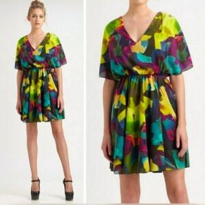 Alice + Olivia Kyra Abstract Watercolor Print Silk Dress Colorful Size Small